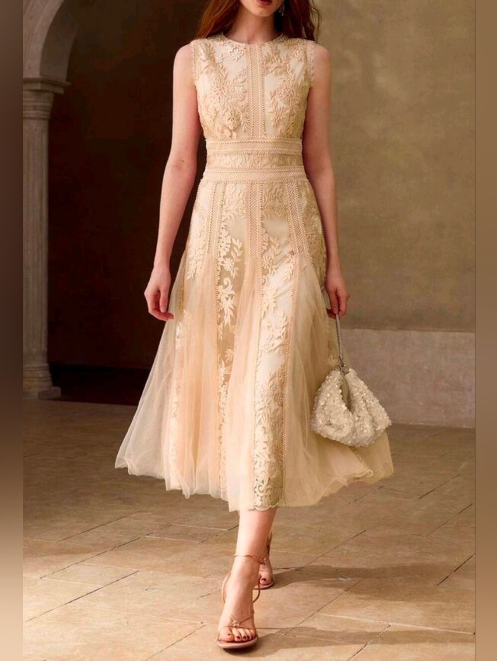 New Luxe Jacquard Floral Mesh Panel Midi Dress Sleeveless Ivory Cream Beige